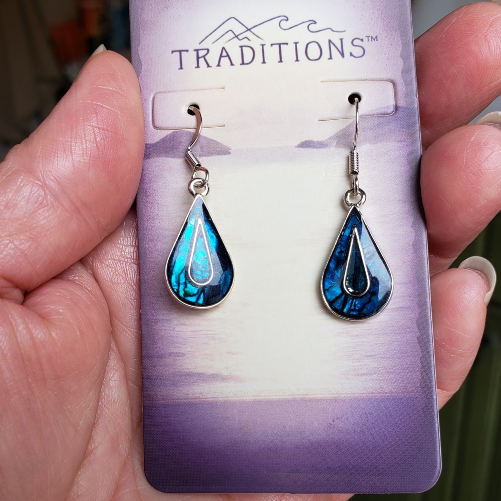 Turquoise Blue Teardrop Dangle Earrings with Silver Accents - NWT